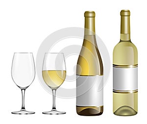 Isolated white wine glasses and bottles realistic illustration