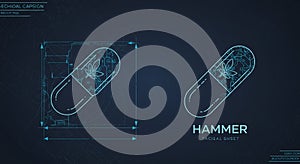 Two digital blueprints of a capsule design on a dark blue background. The capsule