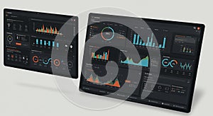 Two digital displays showcase data dashboards with dark-themed backgrounds. photo
