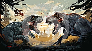two dinosaurs fighting in a forest with trees in the background