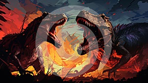 two dinosaurs fighting over a fire in a field of grass