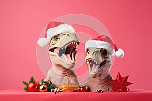 Two dinosaurs Rex in red Santa Claus hat holds golden gift box in its paws on pink background New Years Eve or Christmas Eve Art h