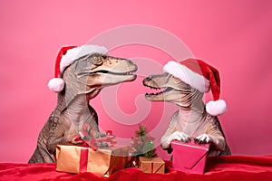 Two dinosaurs Rex in red Santa Claus hat holds golden gift box in its paws on pink background New Years Eve or Christmas Eve Art h