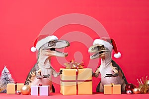 Two dinosaurs Rex in red Santa Claus hat holds golden gift box in its paws on pink background New Years Eve or Christmas Eve Art h