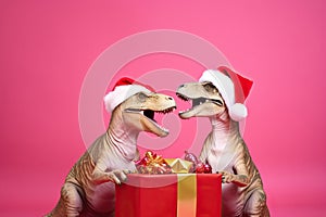 Two dinosaurs Rex in red Santa Claus hat holds golden gift box in its paws on pink background New Years Eve or Christmas Eve Art h