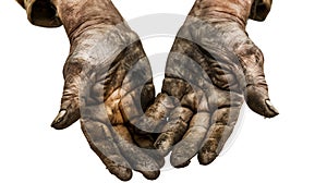 Two dirty and worn hands open with palms up, showing hard work and toil