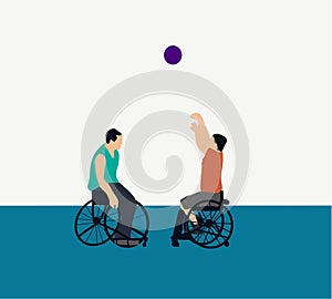 Two Disabled sport man in action while playing indoor basketball at a basketball court.