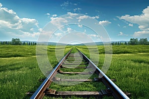 two disconnected pieces of a railway track on a green field