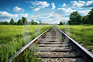 two disconnected pieces of a railway track on a green field