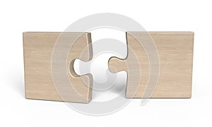 Two disconnected pieces of wooden puzzle isolated on white. 3d illustration