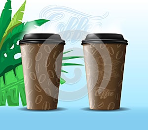 Two disposable coffee cups with a texture suggestion on them. On an exotic blue background