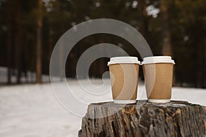 Two disposable glasses stand on a stump in a snow-covered forest. A place for text