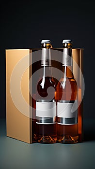 Two distinct nonalcoholic beverage bottles accompanied by a white paper box, isolated on a Toscha background photo