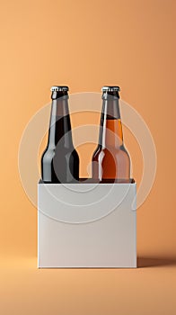Two distinct nonalcoholic beverage bottles accompanied by a white paper box, isolated on a Toscha background photo