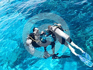 Two divers in black scuba diving suits, a man and a woman with oxygen bottles sink under the transparent blue water in the sea, th