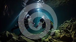 Two Divers Exploring Underwater Cave for Food