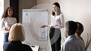 Two diverse business coaches giving flip chart presentation at meeting