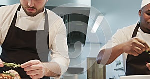 Two diverse male chefs decorating meals in kitchen, slow motion