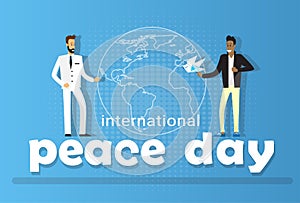 Two Diverse Man Globe Background International Peace Holiday Poster