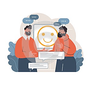 Two diverse men discussing work. Flat vector illustration