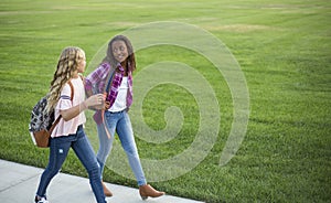 Two diverse school kids walking and talking together on the way to school
