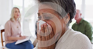 Two diverse senior couples sitting in circle having a therapy conversation at home