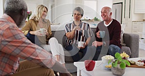 Two diverse senior couples sitting on a couch drinking tea together at home