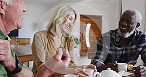 Two diverse senior couples sitting by a table drinking tea together at home