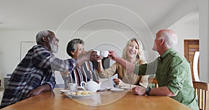 Two diverse senior couples sitting by a table drinking tea together making a toast at home