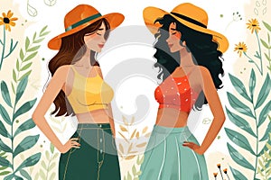 Two diverse women in summer outfits and straw hats pose back to back against a floral background