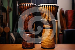 two djembe drums of different sizes, side by side