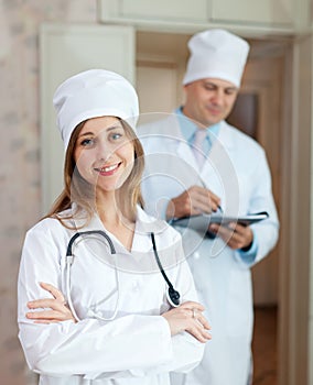 Two doctors in clinic interior