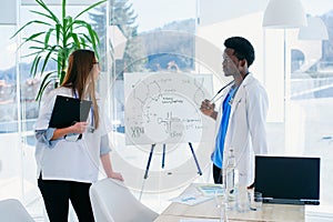 Two doctors communicate at the conference room in the hospital. African male and caucasian female medical students at