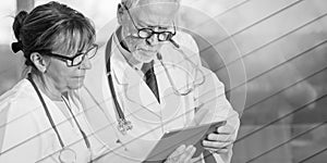 Two doctors discussing about medical report on tablet, geometric pattern