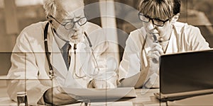 Two doctors discussing about medical results, geometric pattern