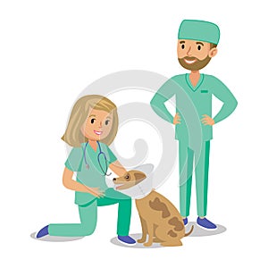 Two doctors with dog. Vet doctors. Cartoon veterinarians photo