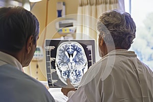 Two doctors examine a skull tomography scan. Medical concept of diagnostics and treatment. Three-dimensional images aid