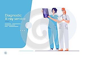 Two doctors are examining x-ray image. Vector outline illustration, editable stroke, global swatches