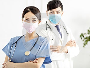 Two doctors faces wearing protective mask