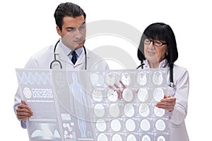 The two doctors looking at x-ray image isolated on white