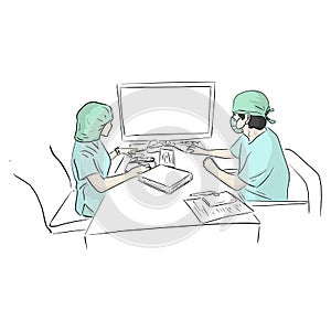 Two doctors team working at computer desk in hospital in case of Covid-19 virus vector illustration sketch doodle hand drawn