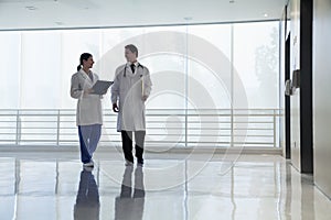 Two doctors walking and smiling in the hospital, full length