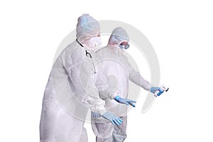 Two doctors in white paramedic uniforms isolated on a white backgrou