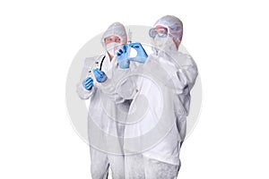 Two doctors in white paramedic uniforms isolated on a white backgrou