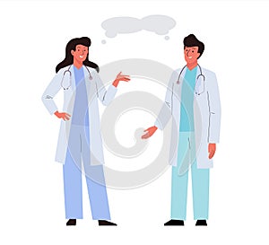 Two doctors in white uniform talk about medicine. Medical workers characters man and woman colleagues