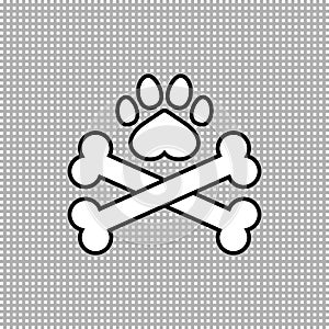 Two dog crossbones and paw print. Crossed bones icon and logo design. Outline and line style. Isolated black and white vector.