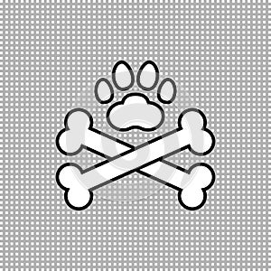 Two dog crossbones and paw print. Crossed dog bones icon and logo design. Outline and line style. Isolated vector illustration.