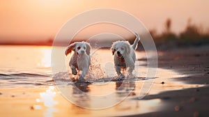 two dog friendship , puppy sit play on sunset in sea water on beach wild field