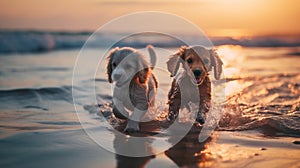 two dog friendship , puppy sit play on sunset in sea water on beach wild field