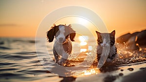 two dog , puppy sit play on sunset in sea water on beach wild field